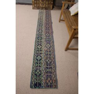 Alfombra Turca Vintage de 1.5x9.4 pies, Alfombra Azul a Rayas de Lana - Product Image 1