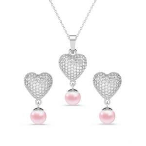 Conjunto de Joyería Fina Plateada Rosa Nazy con Perlas, Corazón, Circones y Diamantes, Diseño Floral, Moderno, para Regalo de Boda, Fiesta o Compromiso - Product Image 1