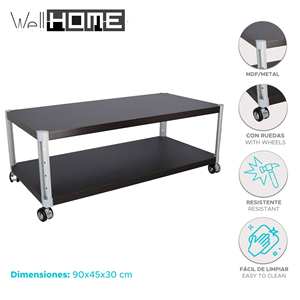 Mesa de centro de metal con ruedas, acabado Wenge, 90x45x30cm - Product Image 2