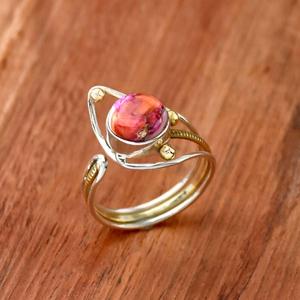 Bague Rose Huître Turquoise Pierre Ronde Argent Sterling 925 Deux Tons Dahlia Bague De Mariage Dainty Cadeau Bijoux - Product Image 3