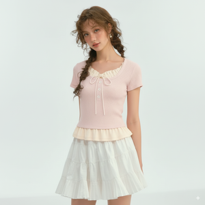 Stylish Solid 100% Cotton <b>Knit</b> Top with Lace-Like Ruffle Neckline Bow <b>Tie</b> and Button for Feminine Casual Outfits - Product Image 6