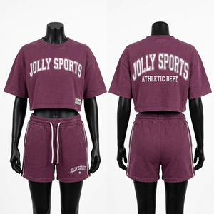 Ladies Crop <b>Top</b> Shorts Set Heavyweight Cotton Fleece <b>Maroon</b> Contrast Trim Puff Screen Print Custom Logo Crop <b>Top</b> & Shorts - Product Image 4