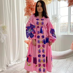 2024 hiver attrayant bohème ukrainien Mini robe pour femmes lin doux avec motif floral brodé vacances manches longues - Product Image 1