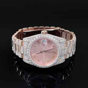 Montre d'affaires de luxe antique 20mm cadran rose fenêtre chiffres romains pleine coupe glacée Moissanite diamant de haute qualité en acier inoxydable - Product Image 2