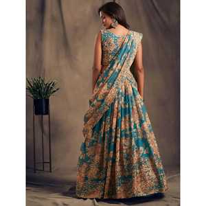 ชุดเลเฮนกาโชลีผ้าออร์แกนซ่าพิมพ์ลายดอกไม้สีฟ้าอมเขียวสำหรับผู้หญิงสำหรับงานเทศกาล - Product Image 5