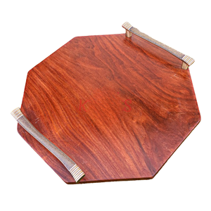 Juego de 3 bandejas tradicionales talladas en madera de sheesham 100% pura con asas metálicas, artesanía en madera de Pakistán - Product Image 1