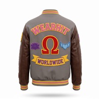 Blouson universitaire épais à col montant en chenille intégrale, manches en cuir marron Stone Wool, OEM mondial