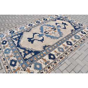 Classique bleu blanc grande surface 6x9ft tapis en laine turque Rectangle Patchwork motif abstrait salon tapis Latex chambre tapis - Product Image 4