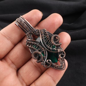Green <b>Emerald</b> Quartz Gemstone Pear Cut Copper Wire Wrapped Fashion <b>Pendant</b> Necklace Oxidized Silver Wedding Anniversary Gift - Product Image 4