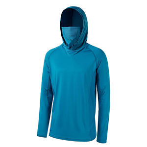 UPF 50 Unisex Long Sleeve Emerald Blue <b>Fishing</b> Shirt with <b>Mask</b> UV Neck Gaiter Hoodie 100% Polyester Anti-Bacterial - Product Image 1