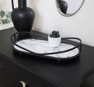 Bandeja de servicio de metal de latón AK en acabado recubierto de polvo negro con bandeja de Base de mármol para detalles de decoración de mesa/Decoración de restaurante - Product Image 1