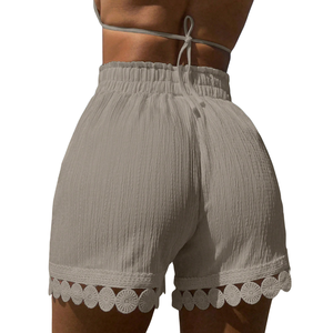 Shorts Bermuda Femme Décontractés en Coton Froissé Mélangé, Taille Haute, Cordon Élastique, Bordure Dentelle, Coupe Droite, Écologique et Respirant - Product Image 2