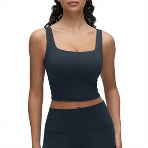 Ensemble de sport pour femme : Soutien-gorge court léger et respirant à col carré bleu foncé, sans coutures, et leggings taille haute pour le yoga et l'entraînement - Product Image 1