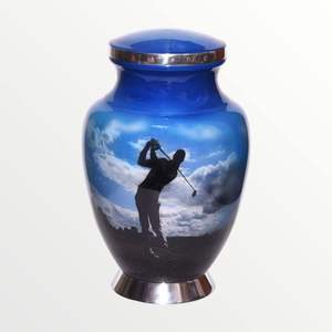 Urne de crémation Enterrement Belle Golfeur Golf Design Grande Taille 26 cms de haut avec Sac en Velours Belle Couleur Bleue - Product Image 4