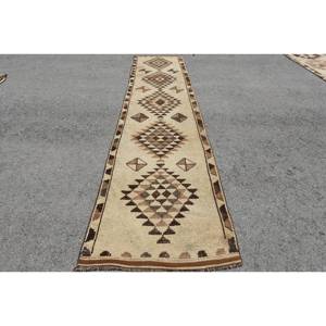 Alfombra de lana Kilim turca Vintage de 3x13,7 pies, tejido plano ecológico beige y marrón con patrón de retazos para adolescentes - Product Image 1