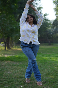 <b>Women's</b> <b>Loose</b> Fit Floral Button Front Logo <b>Shirt</b> Woven 100% Cotton Spring/Summer Yellow Full Sleeves Breathable Work Wear Casual - Product Image 3