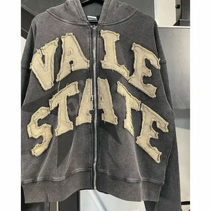 No Pocket Zip Up Style Blank Over Sized Patch Printing Acid Washed Distressed Embroidery Hoodie By ELEGANT SPORTS - Product Image 1