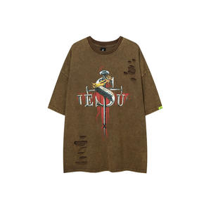 Camiseta de gran tamaño con agujeros rasgados de Hip Hop de alta calidad, ropa Vintage para hombre, Camiseta ajustada con hombros descubiertos para hombre, envío DDP - Product Image 5