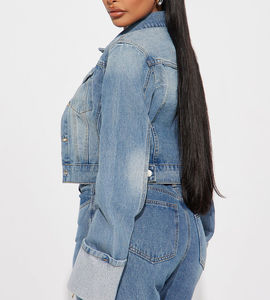 Vestes en jean bleues à manches longues pour femmes, grande taille, avec doublure en coton, quantité en gros disponible - Product Image 6