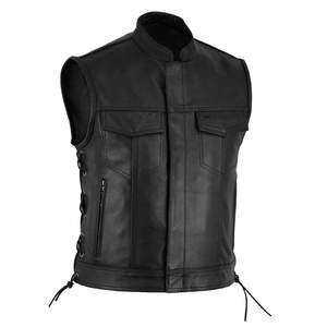 Gilet de moto en simili cuir noir respirant de qualité supérieure pour homme, boutons, coupe-vent, poches dissimulées, lacets latéraux, motards, extérieur - Product Image 2