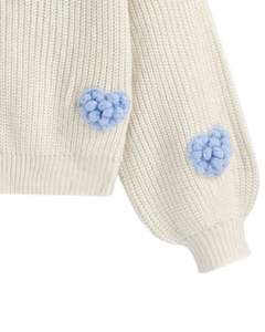 Manufacturer Custom Women White Knit <b>Cardigan</b> Sweater <b>With</b> Light Blue Heart Applique V Neck Button Front Cute Winter Fashion Top - Product Image 6