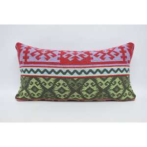 Coussin décoratif géométrique vert en laine 12x24 pouces, tissé ethnique, motif feuilles vintage, design rectangulaire, antidérapant - Product Image 1