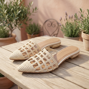 Mules plates en raphia beige à bout pointu, respirantes, pour femmes, pour l'été - Product Image 2