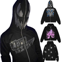 Rhin Stone Vêtements personnalisés 100% coton Logo Full Zip Up Face Heavyweight String Skull Rhinestone Sweats à capuche pour hommes