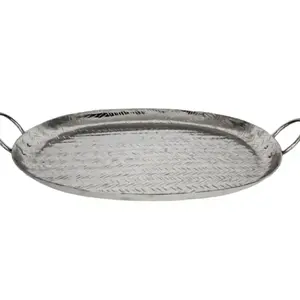 Bandeja de servicio de decoración elegante de artículos de diseño de color plateado único de metal de aluminio con asa al por mayor - Product Image 1