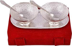 Ensemble de bol et de plateau de forme ronde plaqué argent artisanal ensemble de bols à fruits secs, Diwali, Noël, cadeaux de festival, ensemble - Product Image 3