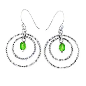 Boucles d'oreilles créoles en argent sterling 925 plaqué or 18 carats avec pierre précieuse verte, design vintage avec pendentif, pour cadeau femme - Product Image 1