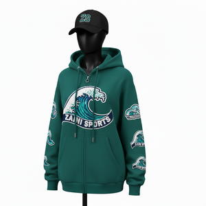 Sweat à capuche zippé pour femme, hiver, 320 GSM, coton doux, polaire en polyester, vert foncé, broderie, logo appliqué, sweat-shirts basiques - Product Image 4