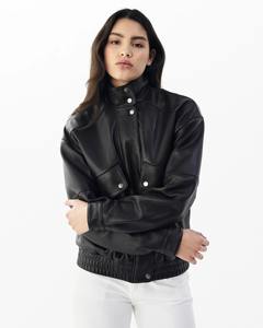Blouson aviateur en cuir véritable pour femme, marron foncé, coupe oversize, style utilitaire, col montant, fermeture éclair, streetwear, hiver, coton - Product Image 3