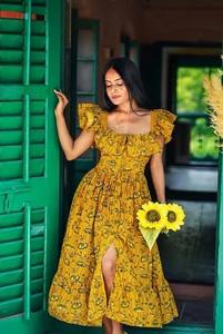 Main indienne bloc coton femme élégant fête porter imprimé fleuri longue robe personnalisée mariée mariage été porter cadeau robe vente - Product Image 3