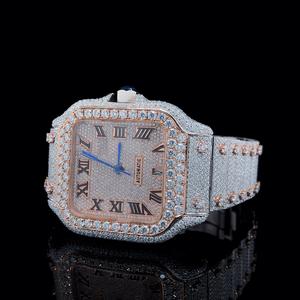 Montre pour homme, sport, affaires, mode, carrée, en acier inoxydable, plaquée or blanc, quartz, verre, entièrement sertie de diamants en moissanite - Product Image 2