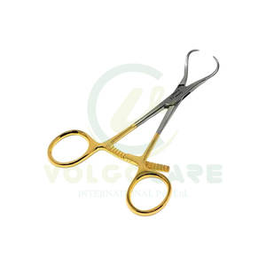 Pinzas de Reducción Ósea con Trinquete Largo y Puntas Curvas Anguladas de 5.5 Pulgadas, Instrumentos Médicos con Mango Dorado - Product Image 1