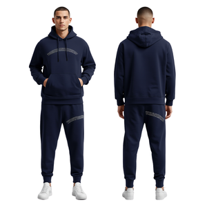 Ensemble de survêtement de luxe bleu marine en coton épais avec strass, sweat à capuche et pantalon de jogging, collection mode cristal - Product Image 1