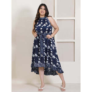 Vestido Deebaco para Mujer, Talla Grande, Azul Marino, Estampado Floral, Cuello Halter, Sin Mangas, Corte en A, Largo Midi, con Volantes, Estilo Casual - Product Image 6