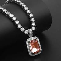 Collier pour homme en or plaqué 14 carats, pendentif rectangulaire rétro avec rubis simulé, micro-pavé de pierres précieuses CZ arc-en-ciel