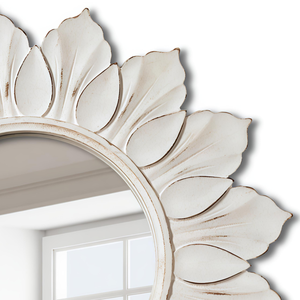 Vintage Sunflower Design Wall <b>Mirror</b> with Distressed White <b>Wooden</b> Frame Carved <b>Round</b> Decorative Accent <b>Mirror</b> for Living Room - Product Image 4
