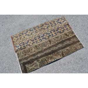 Vintage Turkish Small Rug 2.6x3.7 ft, <b>Brown</b> Blue Check <b>Wool</b> Rug - Product Image 2