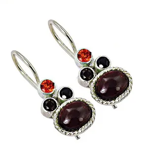 Pendientes de Plata 925 con Granate y Piedras Rojas y Negras, Estilo Vintage para Mujer, Uso Diario, Engaste de Bisel - Product Image 1
