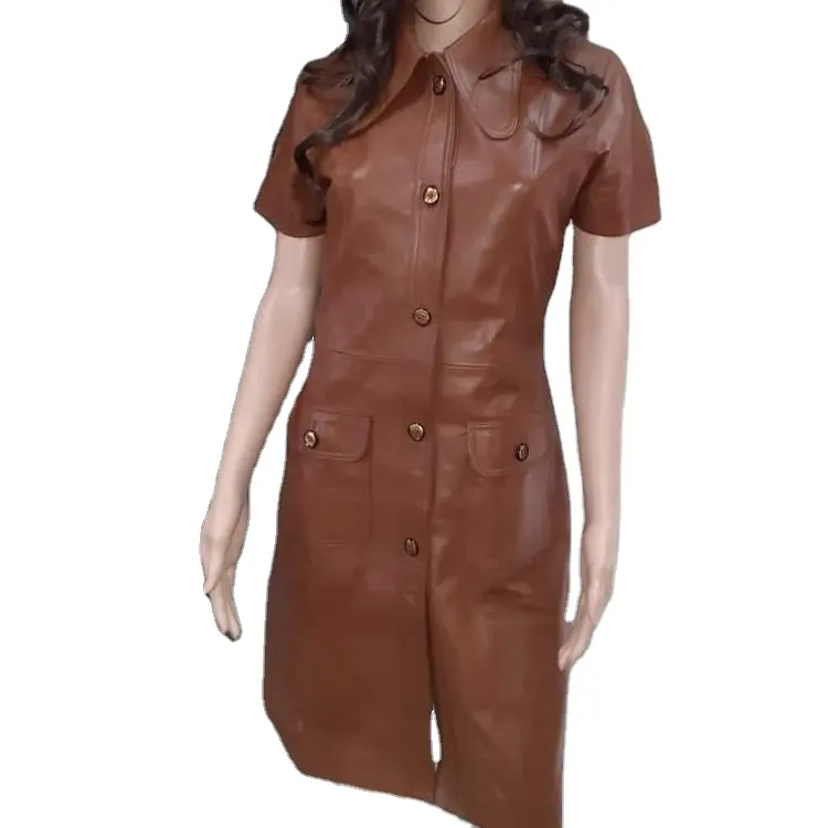 OEM Custom Ladies knee length leather dress/Luxury fashion sheep leather dress/New design short sleeve brown leather mini dress