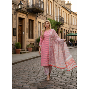 Kurta rose en pur coton imprimé pour femme avec manches trois-quarts et pantalon, dupatta inclus - Product Image 1
