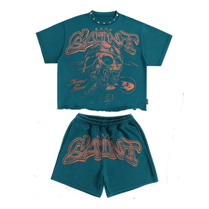 Camiseta unisex con serigrafía de algodón de 220gsm de alta calidad OEM, conjunto corto de gran tamaño informal con estampado de logotipo personalizado para hombre, talla sólida - Product Image 3