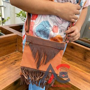 Custom Genuine Leather Canvas Water Resistant Purse for Women's Western Luxury Cowhide Leather Crossbody Fringe Shoulder Bags - Product Image 1