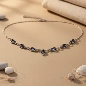 Collar de Plata 925 con Cuentas y Piedra Azul para Mujer, Joyería de Moda, Regalo - Product Image 2