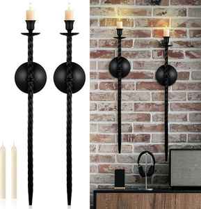 Regal Stately Matte Black Wrought Iron Slender Torch Taper <b>Candle</b> <b>Sconce</b> Holder Set For Grand Estate Ballroom Art Gallery - Product Image 5