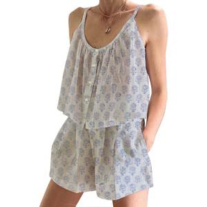 Conjunto de Pijama de Shorts de Algodón Transpirable con Estampado Floral para Mujer, Primavera/Verano, Ajustado, con Tirantes, Sin Mangas - Product Image 1