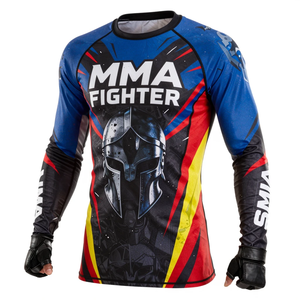 เสื้อรัดกล้ามเนื้อแขนยาวพิมพ์ลายซับลิเมชั่นสำหรับนักกีฬา MMA แห้งเร็ว สีน้ำเงิน แดง เหลือง ดีไซน์เสื้อรัดกล้ามเนื้อ MMA - Product Image 2